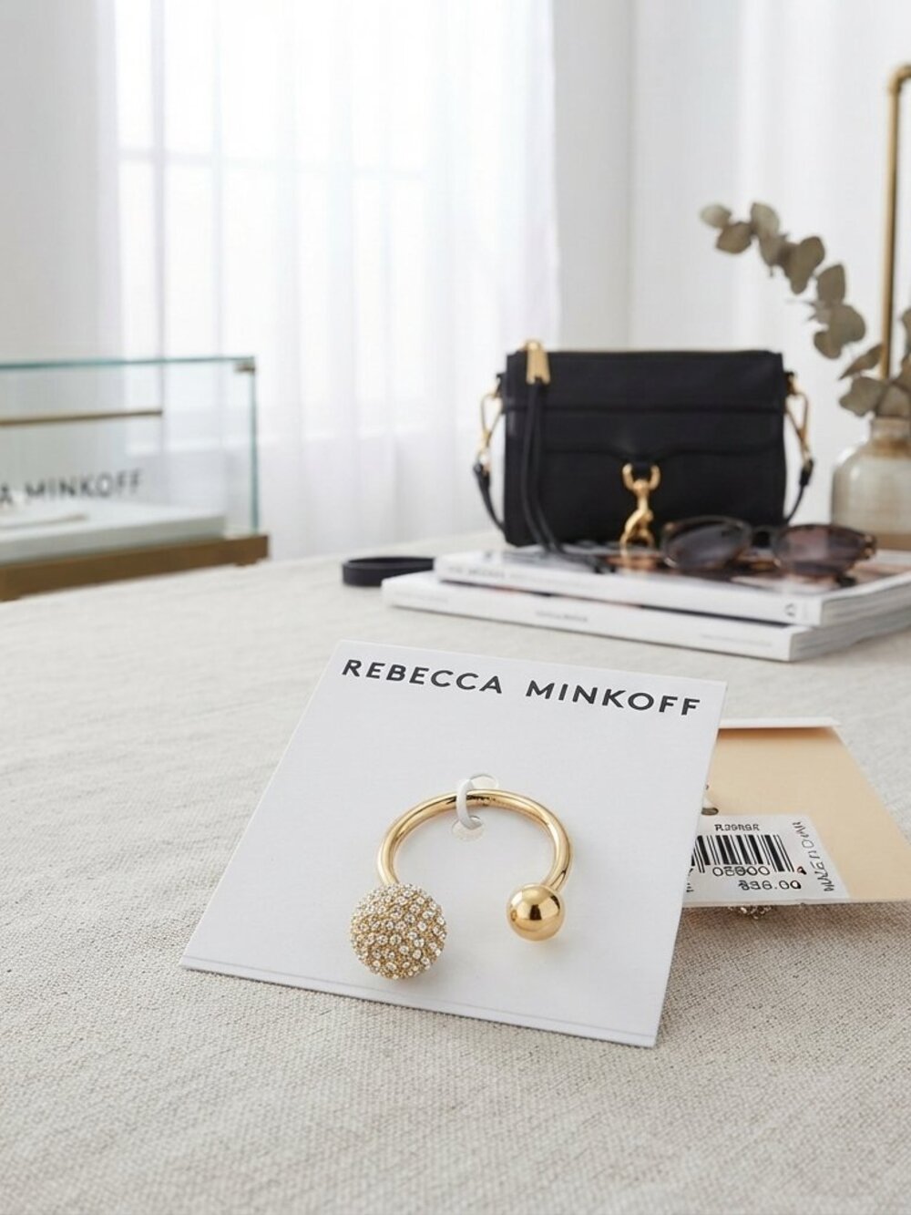 Rebecca Minkoff Gold-Tone Pavé Rhinestone & Polished Ball Open Ring – Size 7